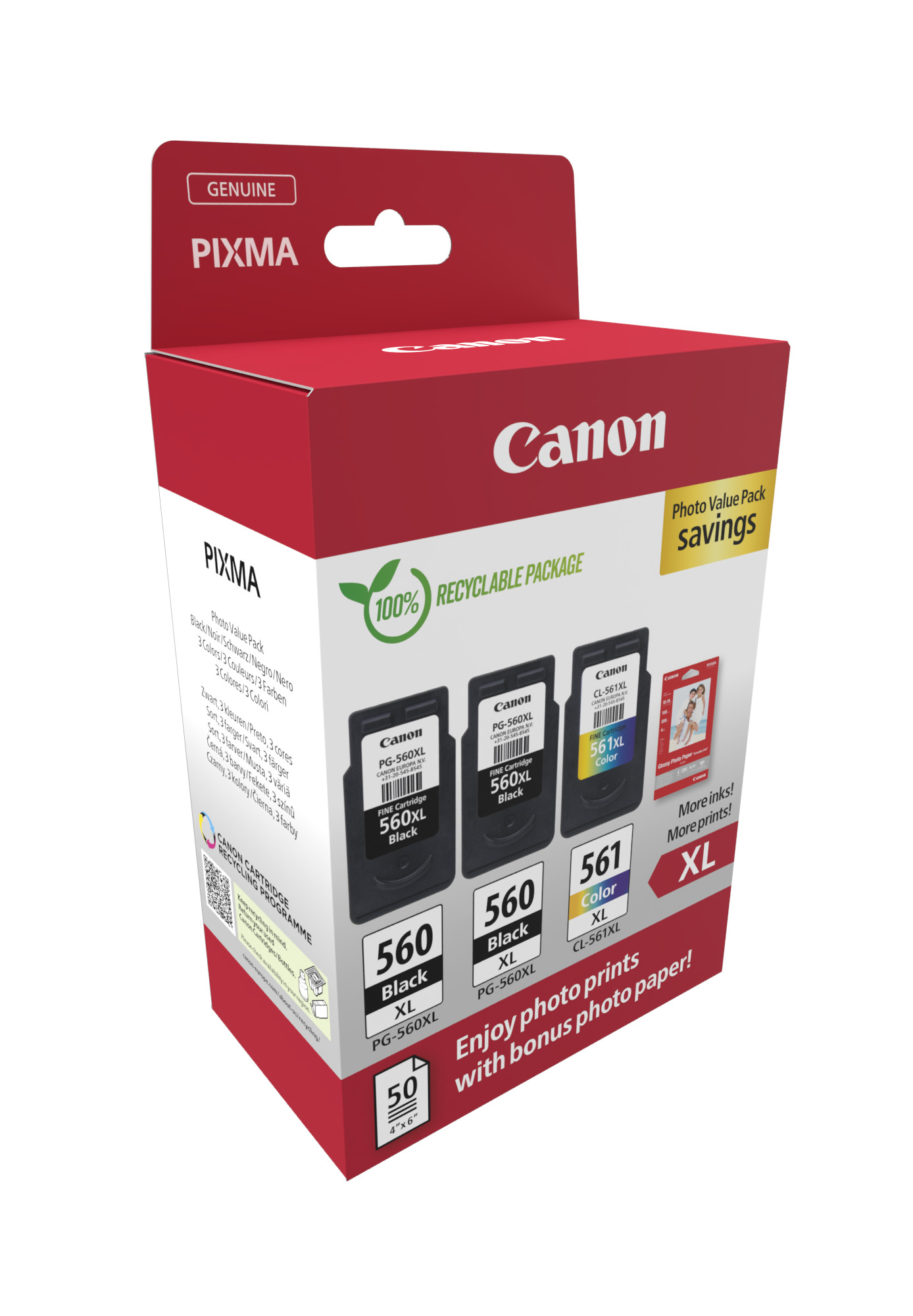 Комплект 3 глави и 50 броя фотохартия за Canon Pixma TS5350/TS7400/TS5400 Series - Ink - HIGH CAPACITY - PG560XL (PG-560XL) / CL561XL (CL-561XL) / 3712C012 - 2xBK/C/M/Y - XL - Multipack - PN 3712C012