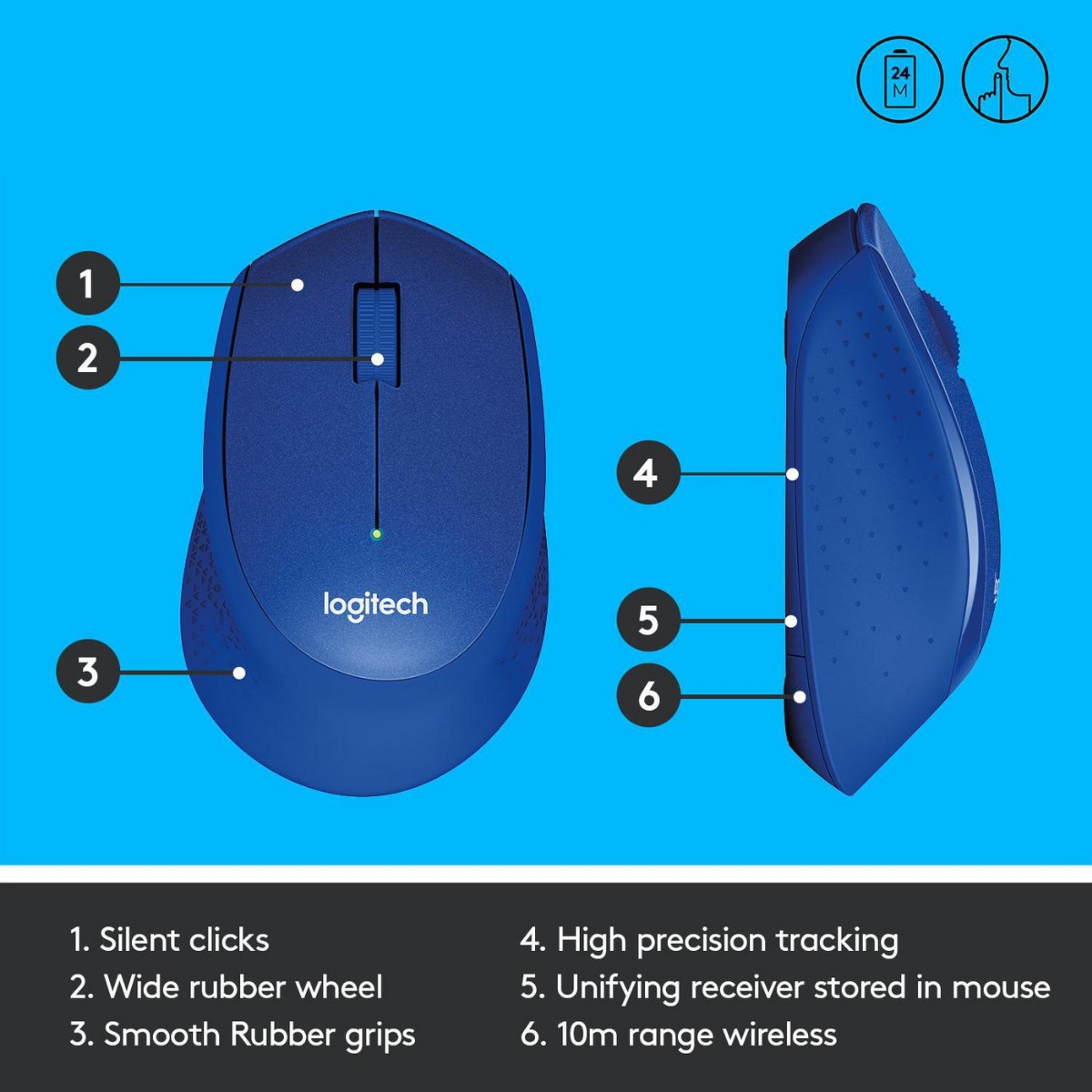МИШКА LOGITECH M330 SILENT PLUS - RF Wireless, Alkaline - Wireless / Безжична - Blue - PN 910-004910