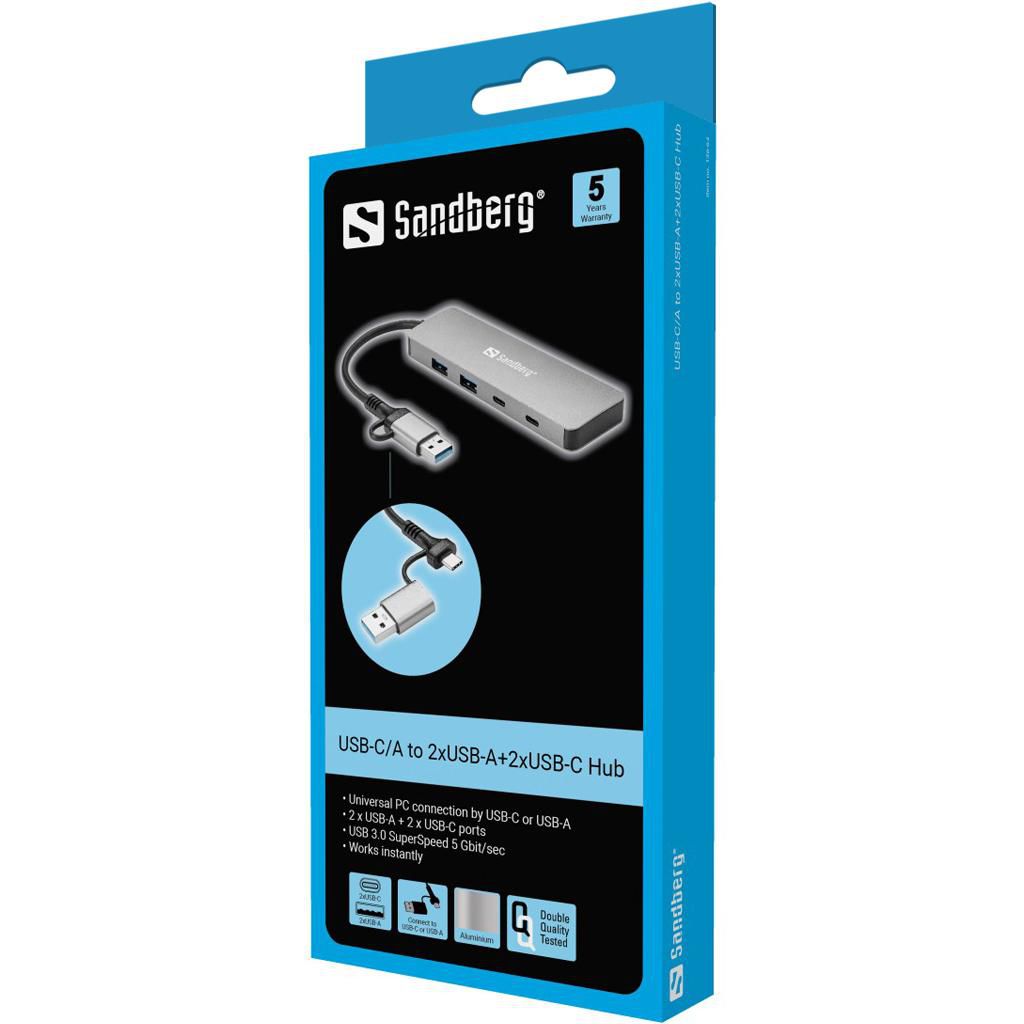 ХЪБ SANDBERG USB-C/A to 2xUSB-A+2xUSB-C - Grey - PN 136-64