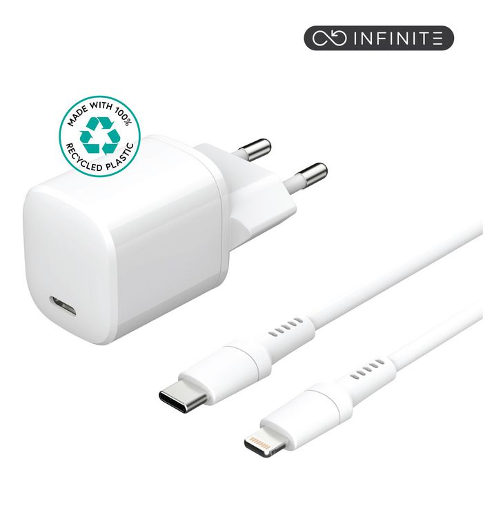 ЗАРЯДНО КОМПЛЕКТ eSTUFF INFINITE PD 20W EU Plug Charger with 1,5m USB-C to Lightning Cable - White - PN ES637500