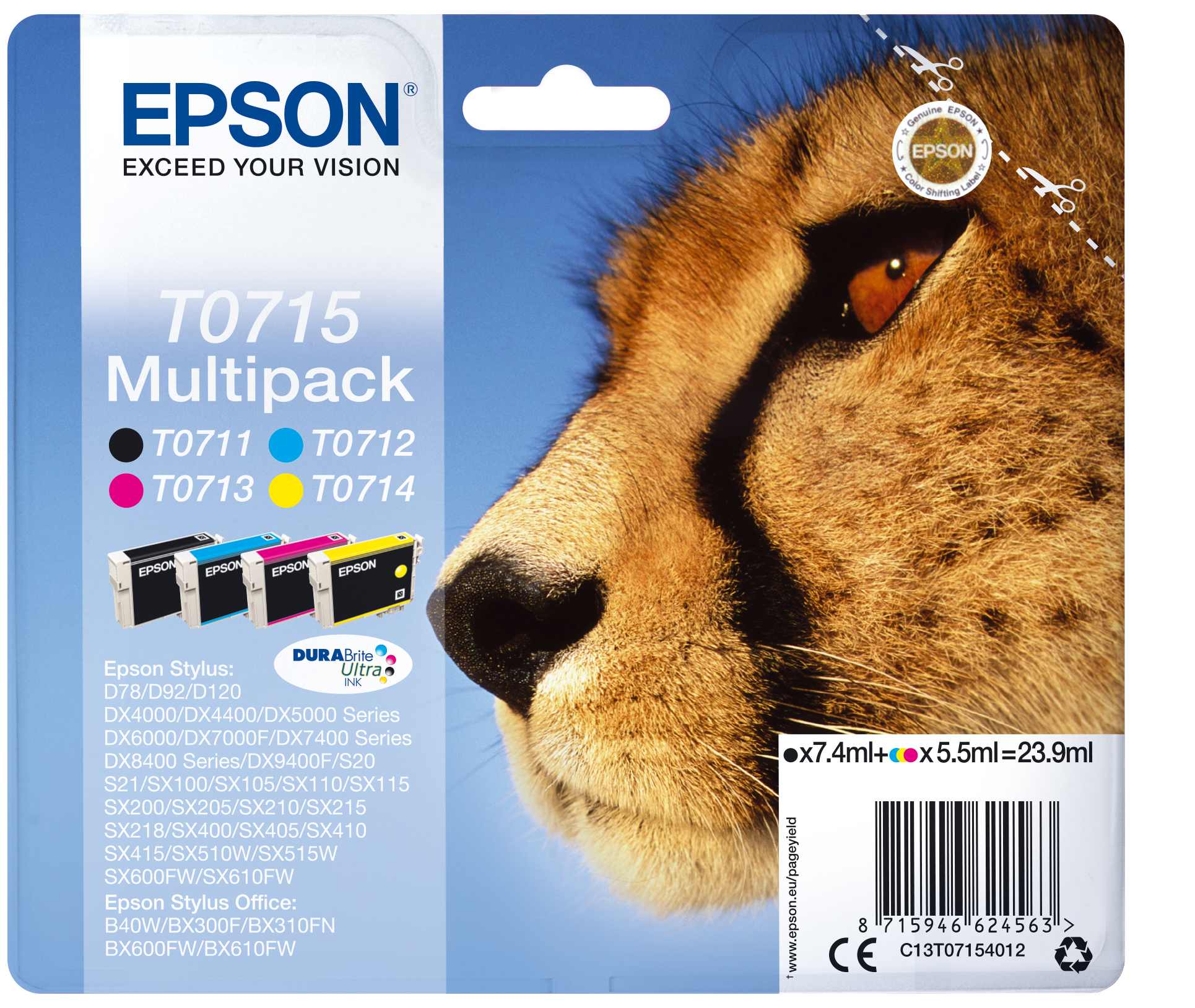 Комплект 4 глави за Epson Stylus DX8400/DX4400/DX4000/DX6000/DX5000/DX7400 Series - Ink - T0715 / C13T07154012 - BK/C/M/Y - Multipack - PN C13T07154012