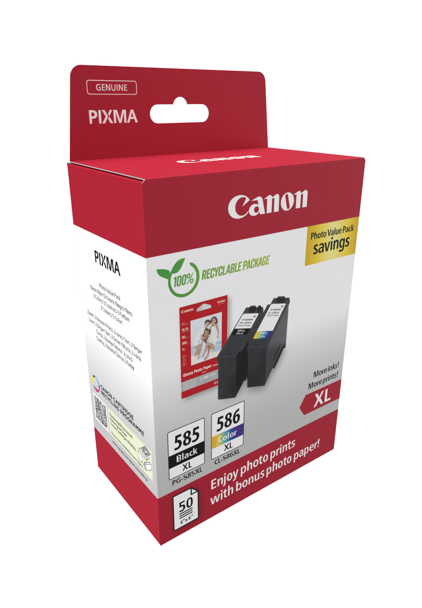 Комплект 2 глави и 50 броя фотохартия за Canon Pixma TS7600/TS7700 Series - Ink - HIGH CAPACITY - PG585XL (PG-585XL) / CL586XL (CL-586XL) / 6204C005 - BK/C/M/Y - XL - Multipack - PN 6204C005