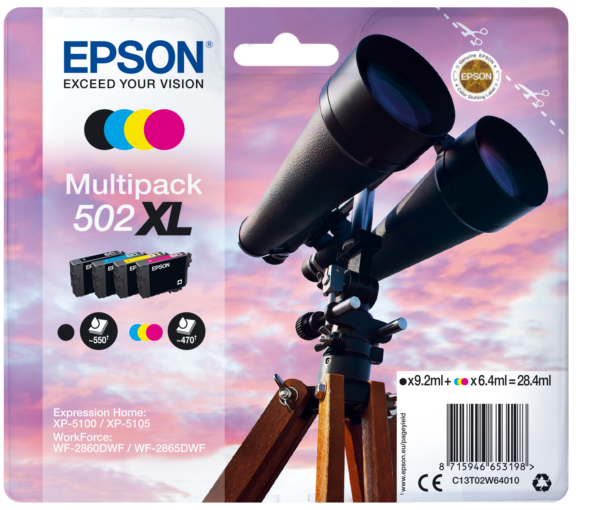Комплект 4 глави за Epson Expression Home XP5100 Series - Ink - /502XL/ / C13T02W64010 - BK/C/M/Y - XL - Multipack - PN C13T02W64010